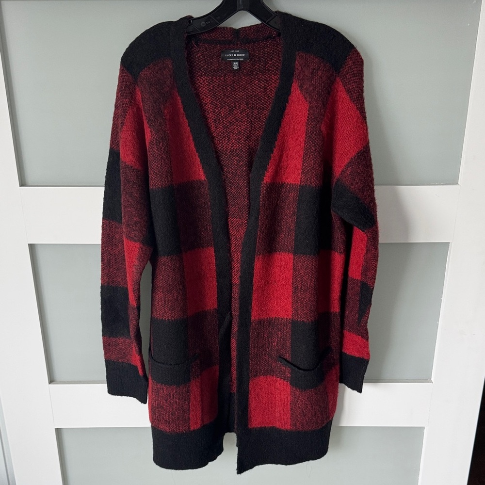 Lucky Brand Red and Black Buffalo Knit Cardigan